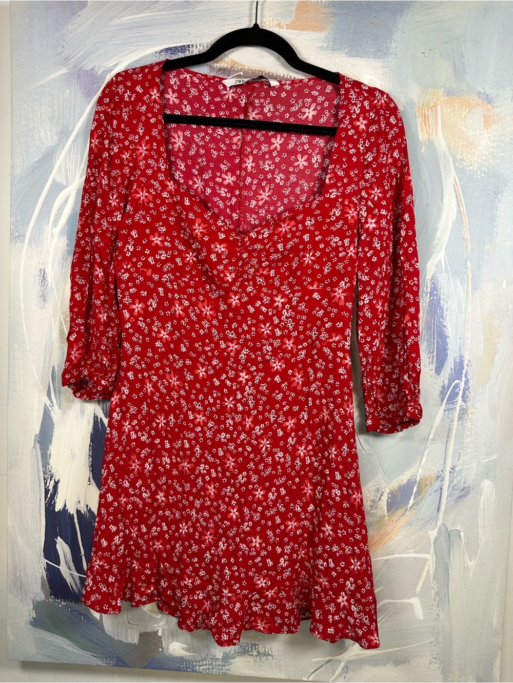 ZARA Red Floral Mini Dress Sweetheart Neck Long Sleeve Ruched Waist Ruffle Hem M